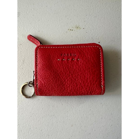 Fossil Red Popstitch Pebble Genuine Leather Bi-Fold Zip Coin ID Card Mini Wallet - Picture 2 of 5
